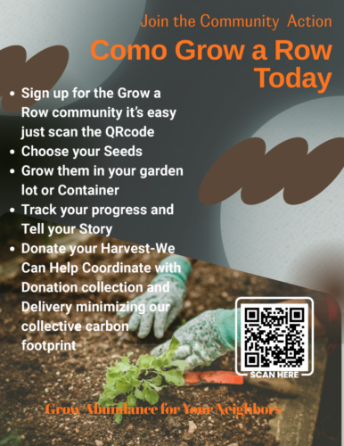 A promotional poster invites people to join the Como Grow-a-Row community gardening initiative. The design features a photo of gloved hands planting a young leafy seedling in soil, overlaid with dark gray graphic shapes. Large orange text reads, "Join the Community Action – Como Grow a Row Today." A bulleted list explains how to participate: sign up by scanning a QR code, choose seeds, grow them in a garden or container, track progress and share your story, and donate the harvest. The poster notes that help is available with coordinating donation collection and delivery to reduce the group's collective carbon footprint. A large QR code labeled "Scan Here" appears in the lower right, and the bottom of the poster reads, "Grow Abundance for Your Neighbors."