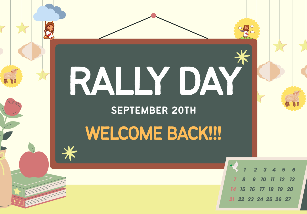 A cheerful Rally Day announcement displayed on a dark green hanging board with the text “Rally Day — September 20th — Welcome Back!!!” The background includes colorful stars, clouds, small illustrated figures, a sheep, plants, books, and a September calendar with the 20th highlighted in red.