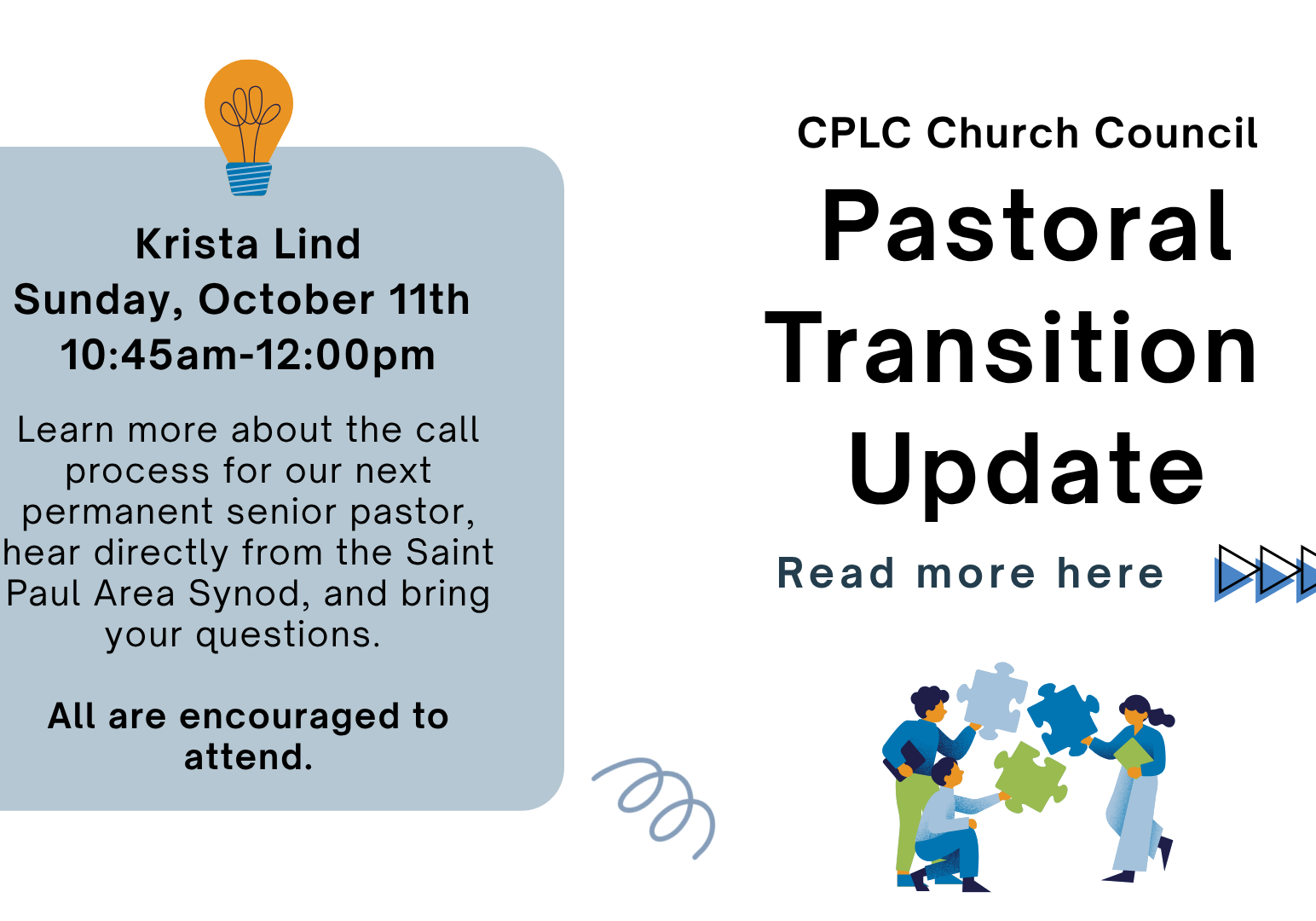CPLC Church Council graphic titled “Pastoral Transition Update.” Deacon Krista Lind will join CPLC on Sunday, October 11 from 10:45 AM–12:00 PM to discuss the call process for the next permanent senior pastor, answer questions, and share guidance from the Saint Paul Area Synod. All are encouraged to attend.